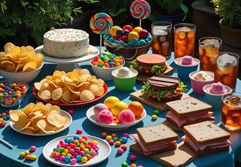 An outdoor party with a table full of snacks, drinks, and a birthday cake
