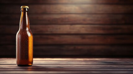 Beverage Bottle Craft beer bottle with a unique label, placed on a rustic wooden table, dimly lit background creates a moody atmosphere