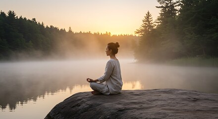 Woman meditating by a misty lake at sunrise, serene and peaceful.