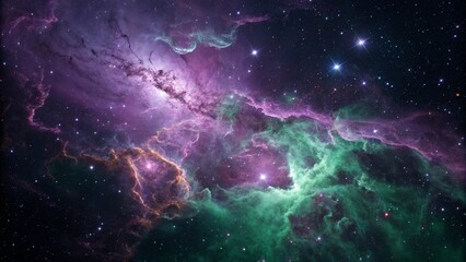 Cosmic Nebula with Purple and Green Gaseous Clouds in Dark Night Sky