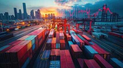 Aerial view of busy shipping container yard at sunset with city skyline and data overlay