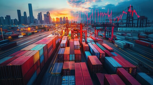Aerial view of busy shipping container yard at sunset with city skyline and data overlay