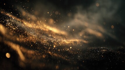 Golden particles swirling in a dark, smoky atmosphere