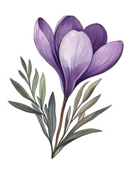 Purple Spring Crocus With Green Leaves