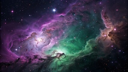 Fototapeta premium Cosmic Nebula with Purple and Green Gaseous Clouds in Dark Night Sky
