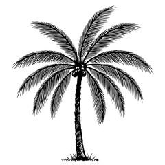 Monochrome Coconut Palm: A detailed, hand-drawn illustration of a solitary coconut palm tree, showcasing its elegant fronds and textured trunk in a classic, artistic style.