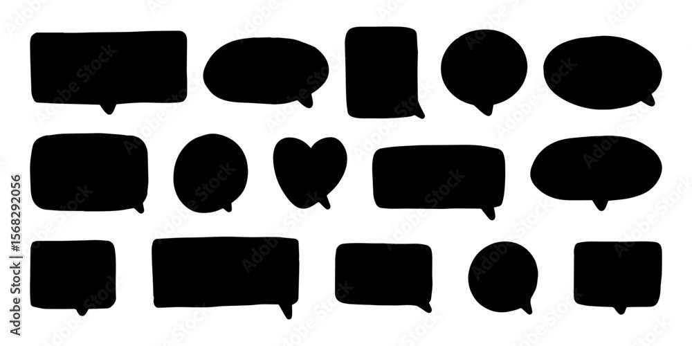 Poster a collection of black hand-drawn speech bubbles in different shapes including rectangular, cubic, an