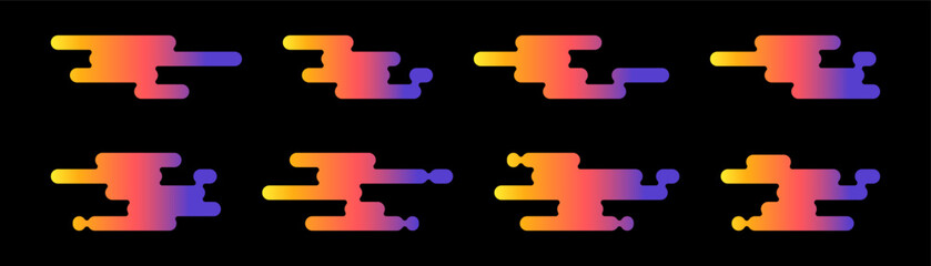 Eight colorful gradient shapes aligned in two rows against a stark black background create a repeating pattern. Japanese cloud motif.