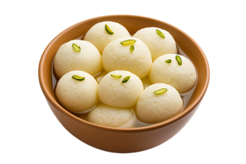 Juicy rasgullas in brown bowl with syrup and pistachio garnish isolated on transparent background
