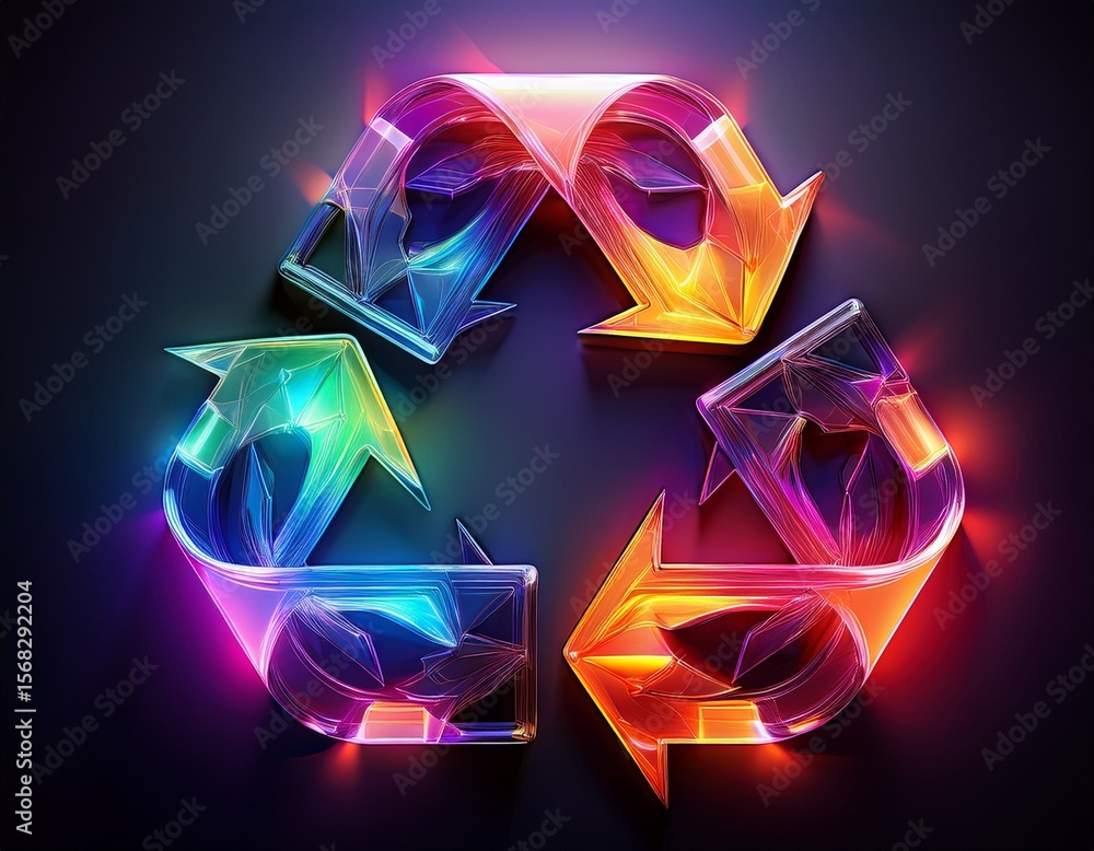 Poster a luminous recycling symbol composed of translucent shapes glows with vibrant colors against a dark 