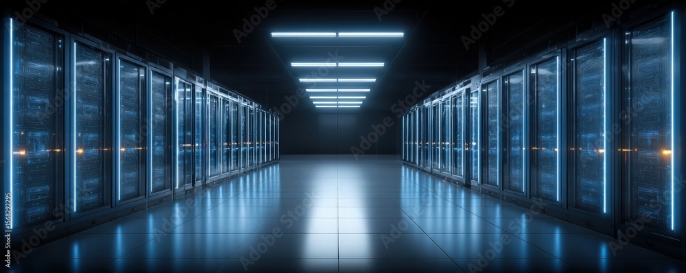 Poster a futuristic data center corridor with rows of server racks illuminated by blue led lights and a sle
