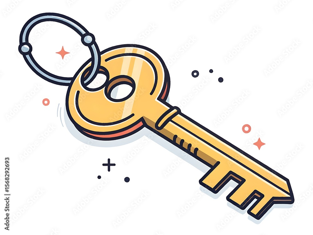 Poster illustration of a golden key with a keyring and decorative elements on a white background ai generat
