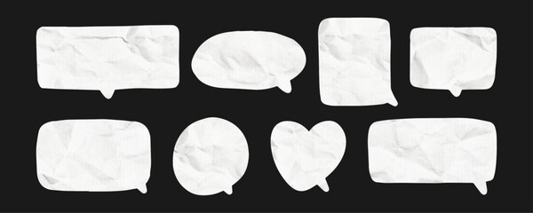 Cut out speech bubbles display a crumpled paper texture, offering various shapes suitable for graphical conversation design. Ideal for social media posts and marketing visuals.