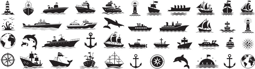 "Sea, Ship, and Wave Silhouette Vector Icon Set for Nautical and Marine Themes"

