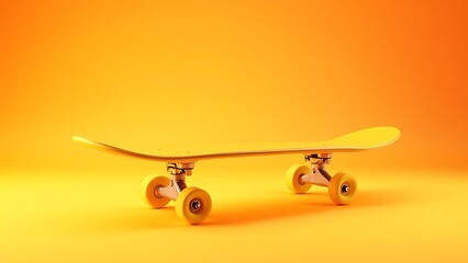 A vibrant yellow skateboard captured at a dynamic angle against a gradient background with motion effects.