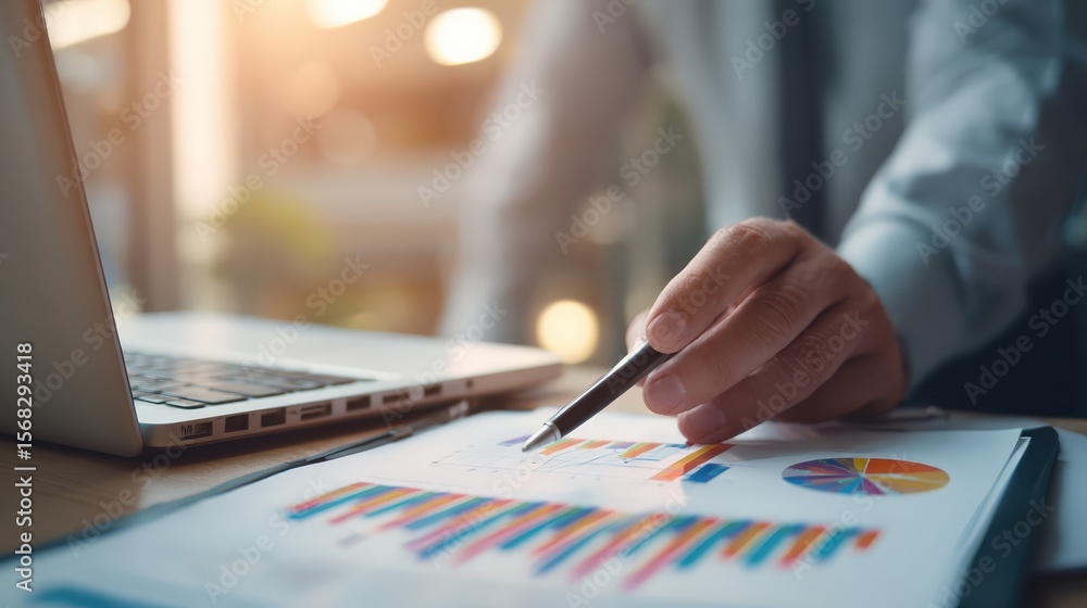 Poster a person analyzes colorful business charts and graphs with a pen beside a laptop on a desk, focusing