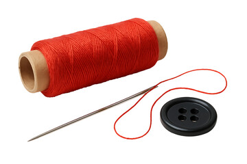 Red thread spool with needle and black button isolated on transparent background
