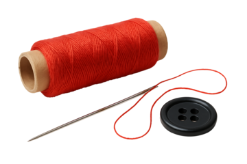 Red thread spool with needle and black button isolated on transparent background