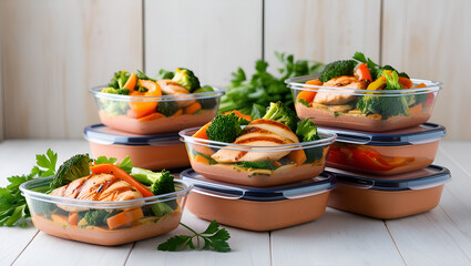 Balanced diet meal prep with portioned grilled chicken and vegetables in containers, showcasing fitness-focused nutrition and fresh weekly food organization