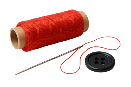 Red thread spool with needle and black button isolated on transparent background