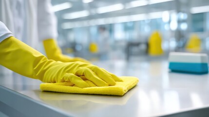 A person wearing yellow gloves cleans a shiny surface with a yellow cloth in a bright, modern environment.
