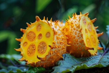 Two halves of a kiwano fruit showing the bright yellow flesh and seeds, resting on a green leaf