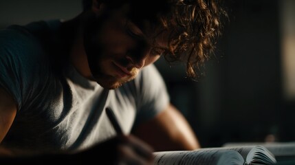Student studying investment terms in a notebook