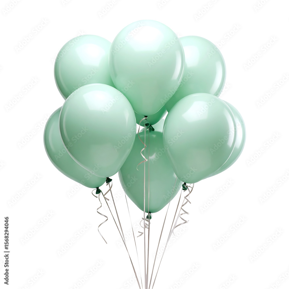 Poster pastel green balloon cluster with smooth surfaces and curved strings on transparent backdrop