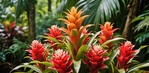 Fototapeta premium A vibrant shot of a cluster of red and orange Bromeliads, standing out beautifully in a lush tropical forest setting with green foliage in the background, showcasing the exotic beauty of these plants.