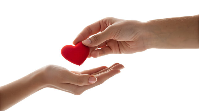 Giving Heart Hand Passing Red Heart to Another on Transparent Background