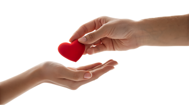 Giving Heart Hand Passing Red Heart to Another on Transparent Background