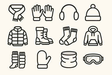 Collection of winter clothing icons including hat, gloves, scarf, boots, and jacket