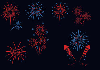 Fireworks Display Vector Set - Red and Blue Explosions on Dark Sky