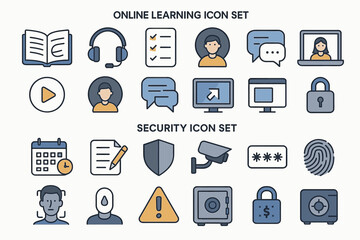 Online learning and security icon set including communication and protection symbols