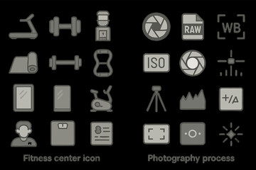 Fitness and photography icons set with equipment and camera symbols
