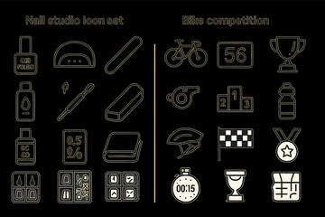 Nail studio and bike competition icon set with tools and awards