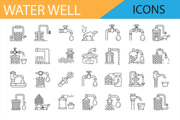 Vintage Style Water Well and Pump Symbols in Black Line Drawing