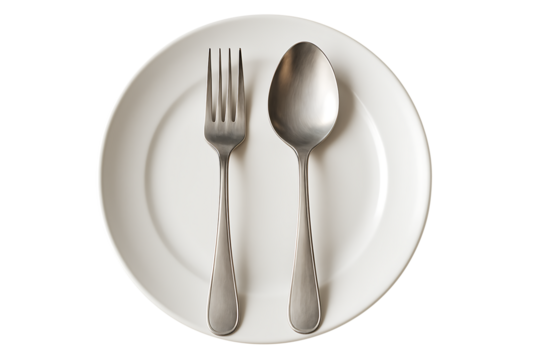 Stainless steel cutlery on ceramic plate top view isolated on transparent background