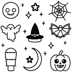 Vector Halloween collection featuring ghost, jack-o'-lantern, bat, witch hat, and stars