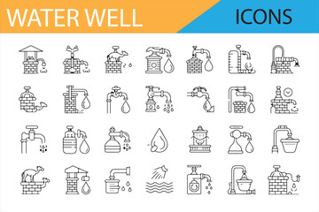 Water Well Icons Collection, Various Pumping and Water Collection Symbols in Black Line Art for Design and Illustration