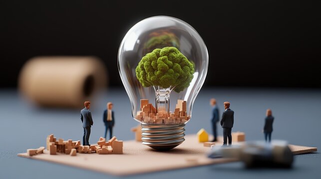 Creative eco-friendly concept with miniature people surrounding a glowing light bulb containing a lush green tree symbolizing sustainability and innovation