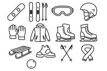 Winter sports equipment outline icons: snowboard, skis, skates, sled, and winter gear