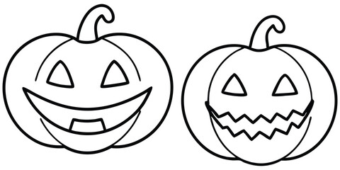 Black and white outline of two jack-o'-lanterns with unique faces, ideal for Halloween coloring books and festive design projects.