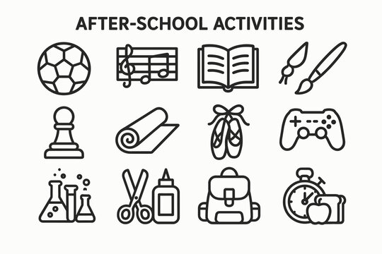 After-school activities icons: sports, arts, learning, crafts, science for kids