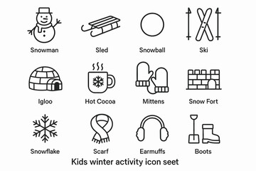 Kids winter activity icons: snowman, sled, snowball, ski, mittens, igloo, hot cocoa