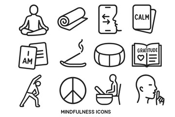 Mindfulness icons featuring meditation, gratitude, yoga, peace, and relaxation elements