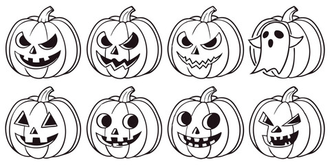 Spooky pumpkin face collection in black and white perfect for Halloween invitations, party decor, and seasonal graphics.