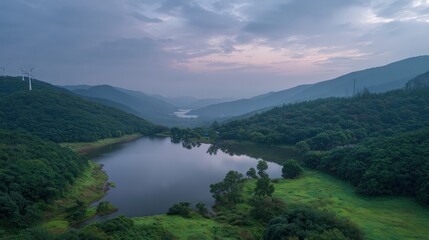 A serene mountain lake surrounded by lush green forests under a cloudy sky during twilight.