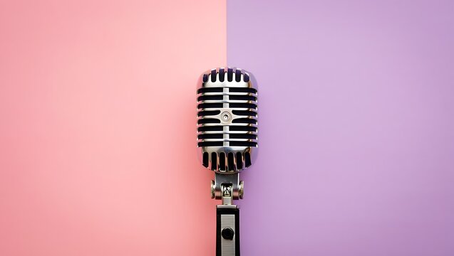A vintage silver microphone sits center frame against a split background of soft pink and lavender colors illustrating a retro music and performance theme