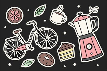 A collection of colorful and whimsical coffee-themed stickers, including a bicycle, coffee maker, espresso cup, pastry, and other related icons, all set against a black background